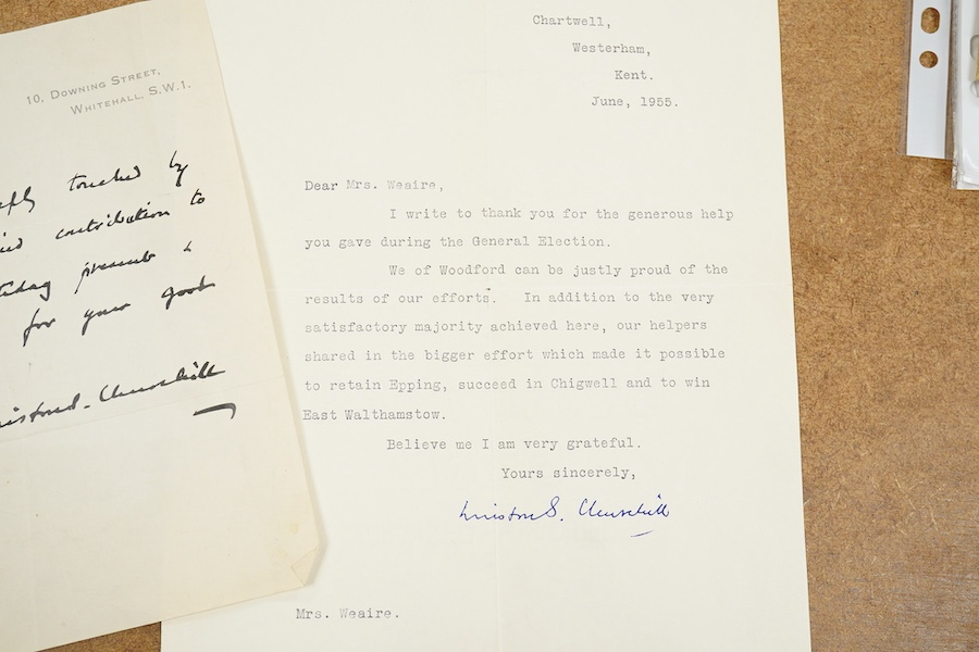 A type-written and personally-signed letter by Winston Churchill, from Chartwell, dated June 1955, to Mrs. Weaire thanking her for her help during the general election, signed in ballpoint pen, and a Churchill facsimile